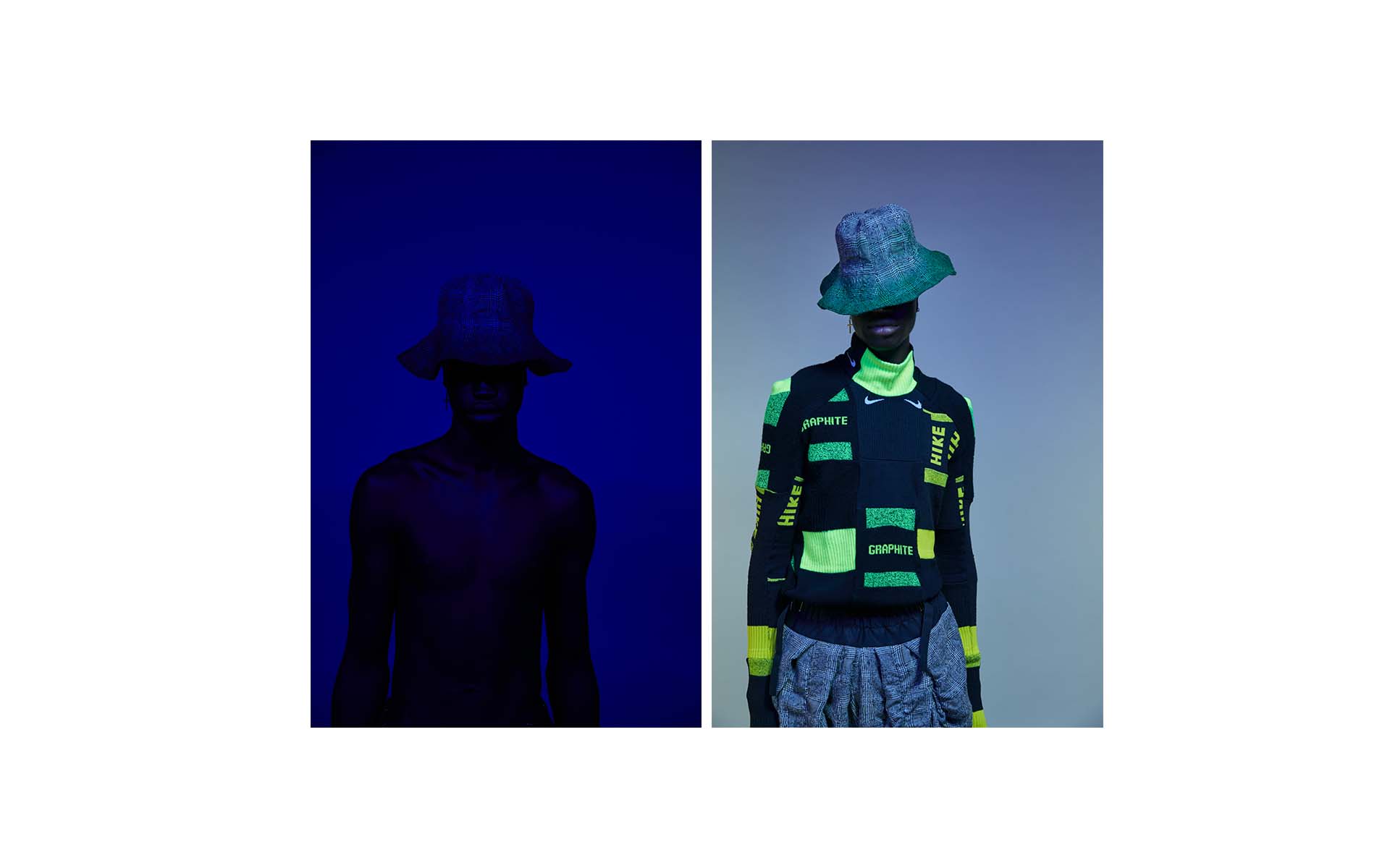 Fashion shot with two side-by-side images of a person wearing a hat, with one in shadow and the other in a bright, patterned outfit.