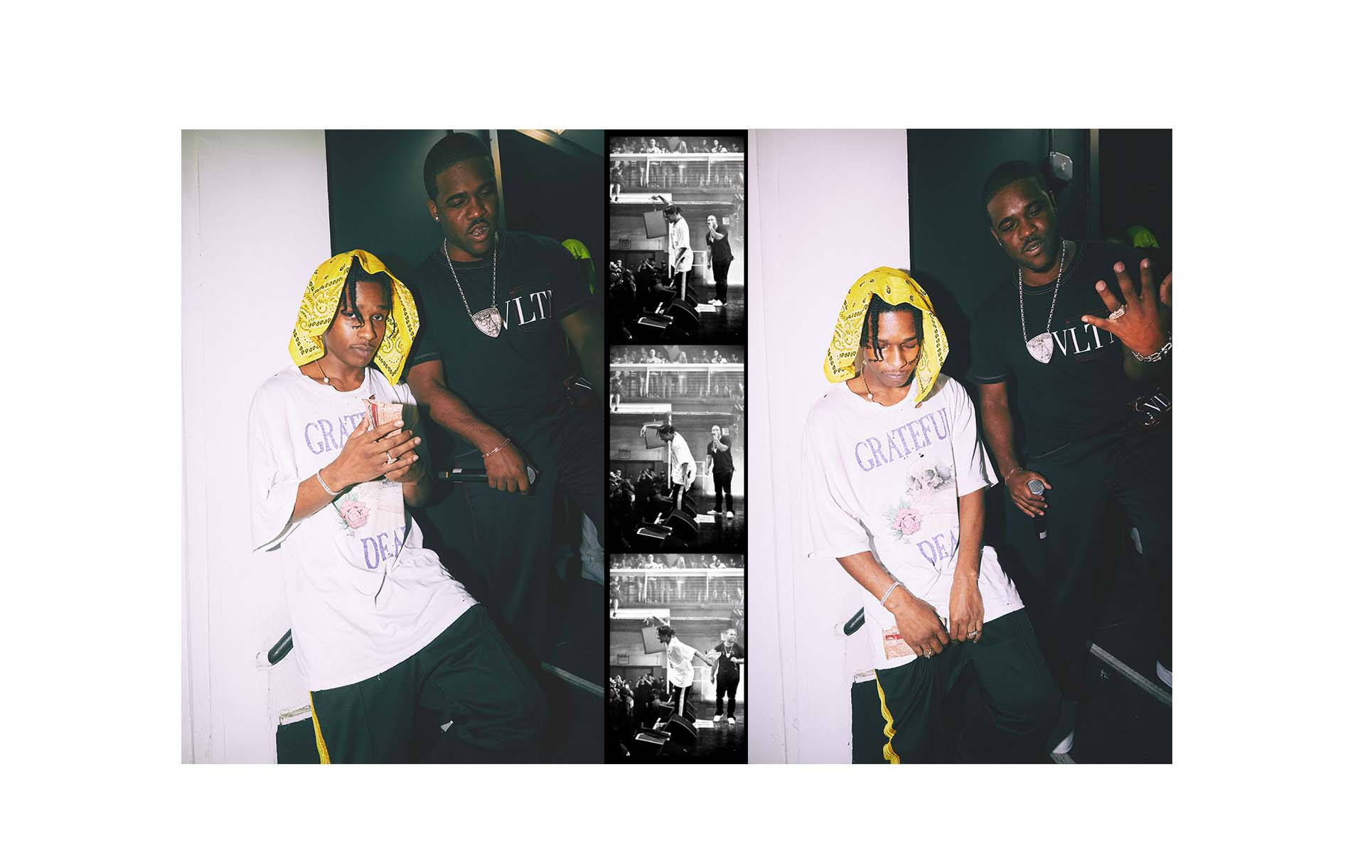 Two men, one with a yellow bandana and a 'Grateful Dead' t-shirt, pose indoors with a black and white photo strip between them.