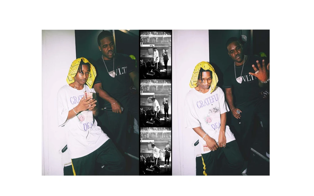 Two men, one with a yellow bandana and a 'Grateful Dead' t-shirt, pose indoors with a black and white photo strip between them.