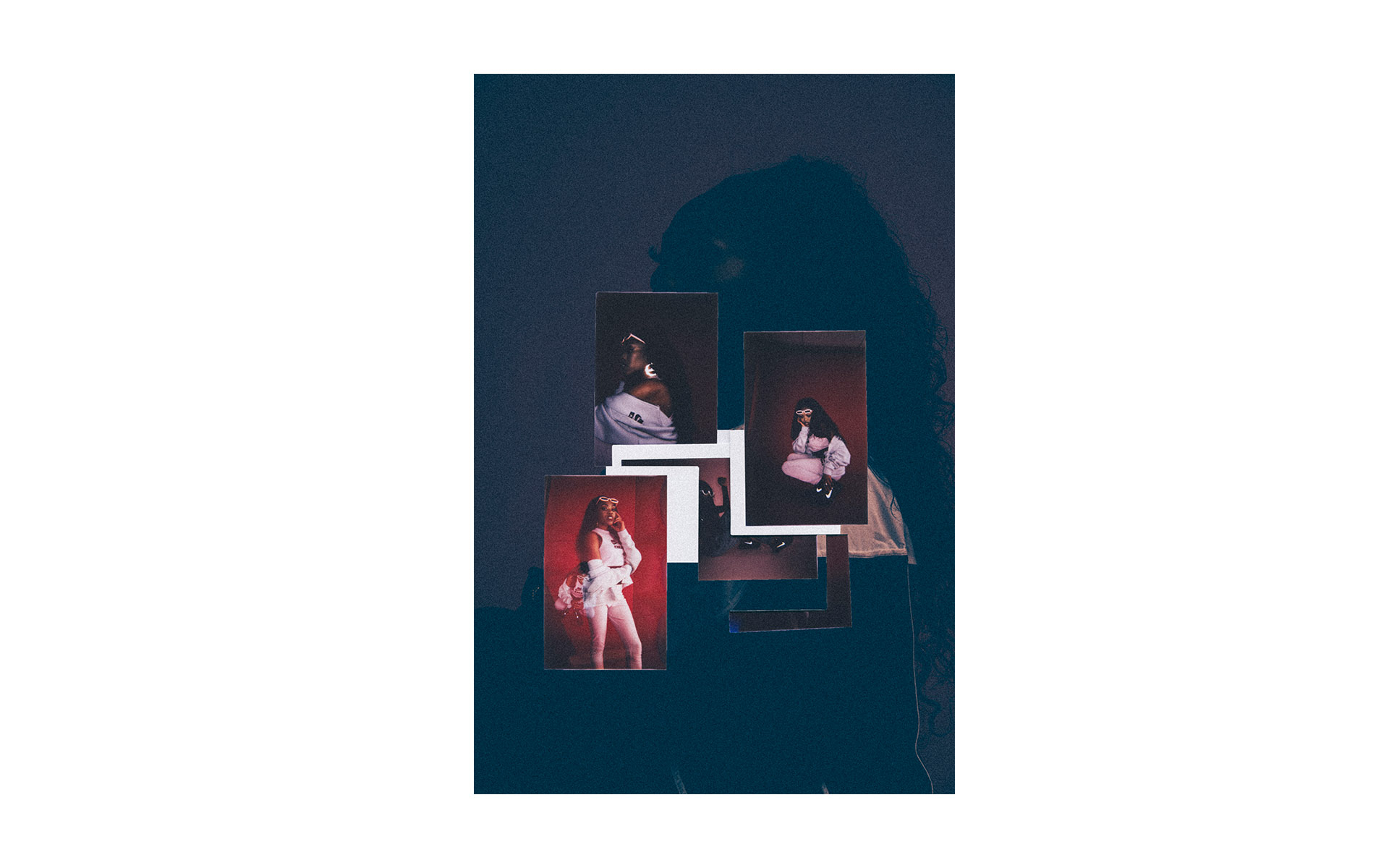 Artistic collage featuring a dark-haired woman with various photographs layered on top in an indoor, studio environment.