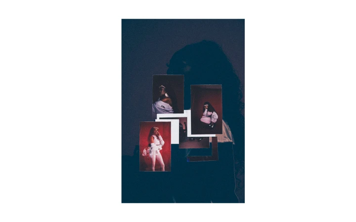 Artistic collage featuring a dark-haired woman with various photographs layered on top in an indoor, studio environment.