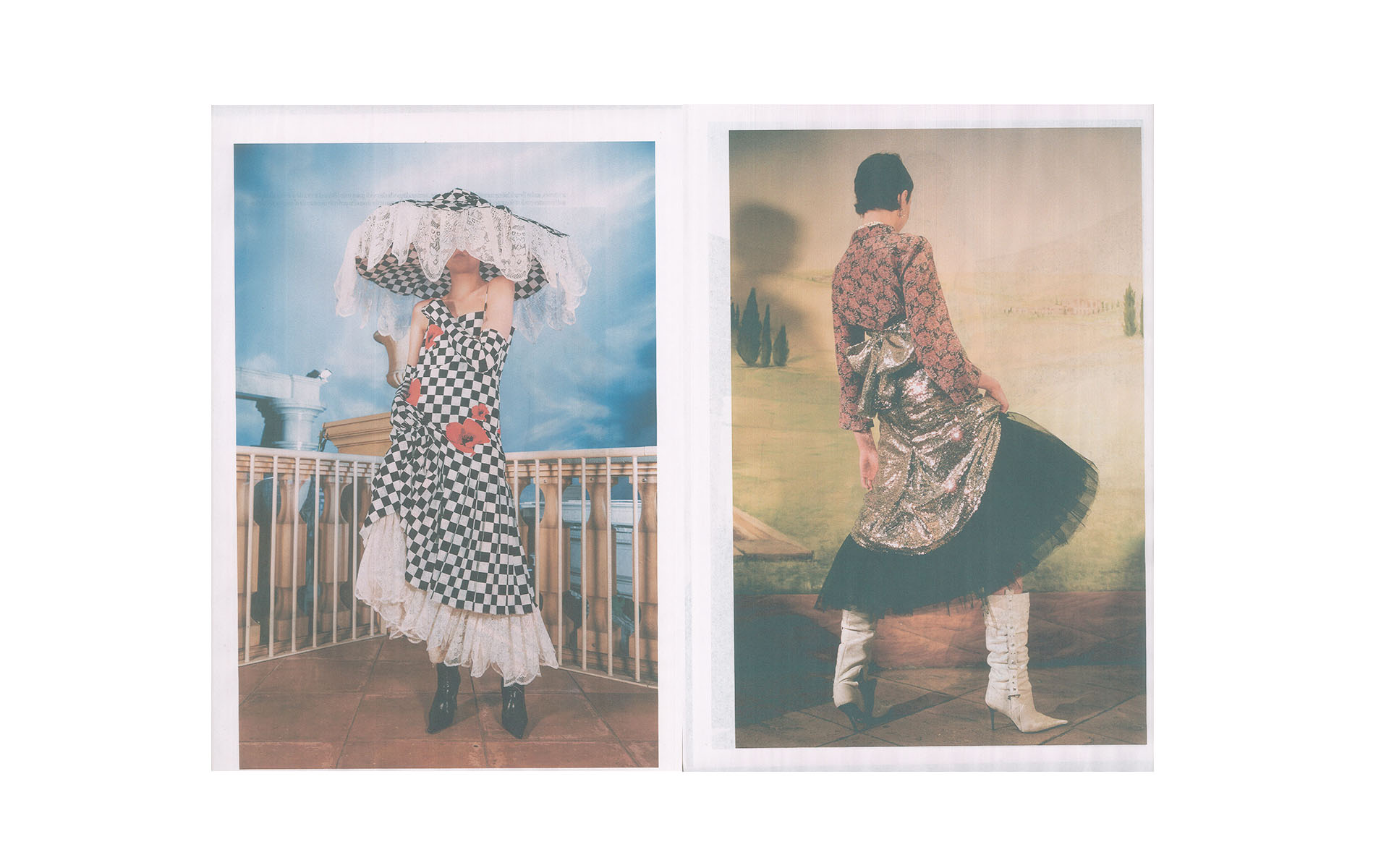 Two women wearing haute couture dresses, one with a checkered pattern and a large hat, and the other with a sequined skirt.