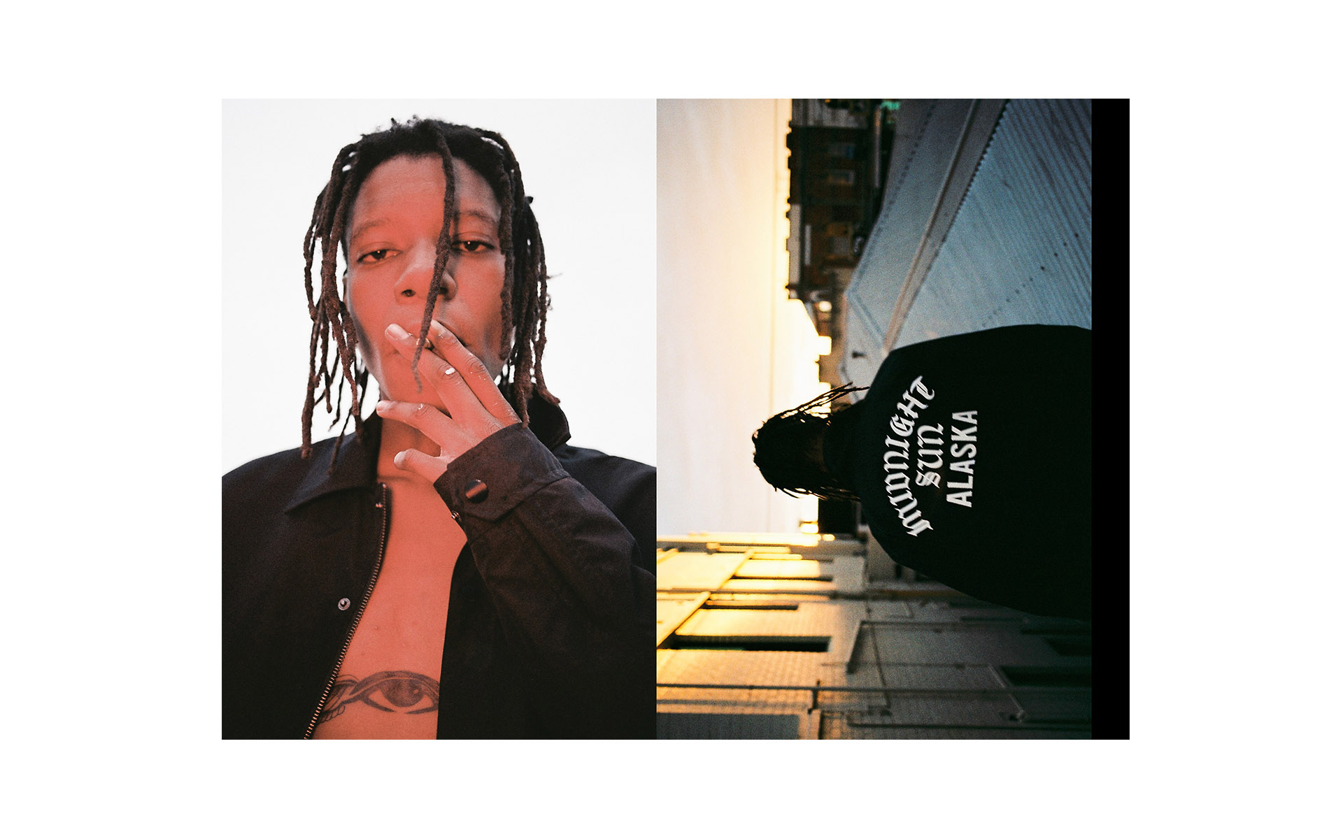 Split-screen portrait of a young adult with dreadlocks smoking and a low-angle view of a person in a hoodie and tall buildings.