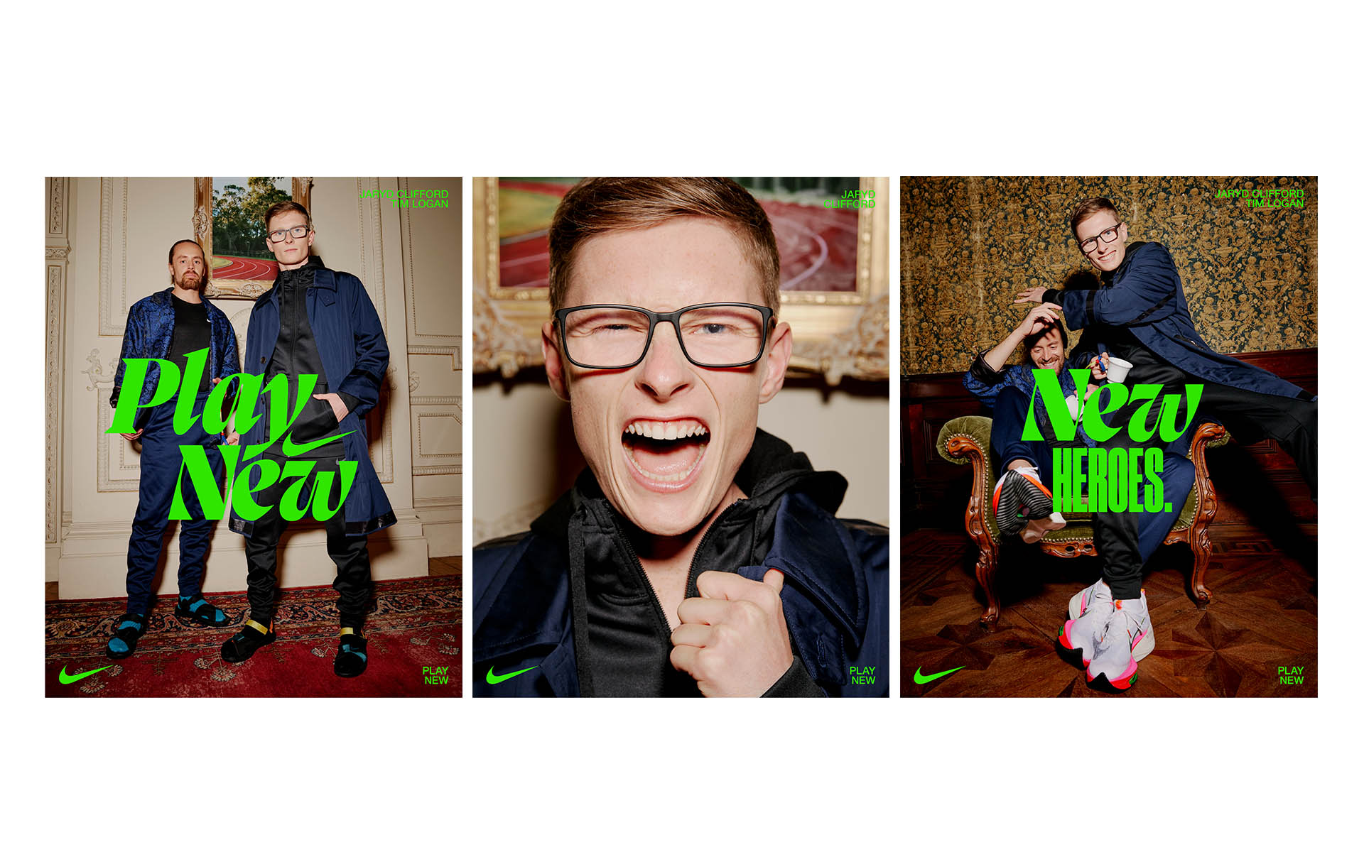 Three images in a triptych feature people wearing Nike athletic apparel in a formal indoor setting with green "Play New" text overlay.