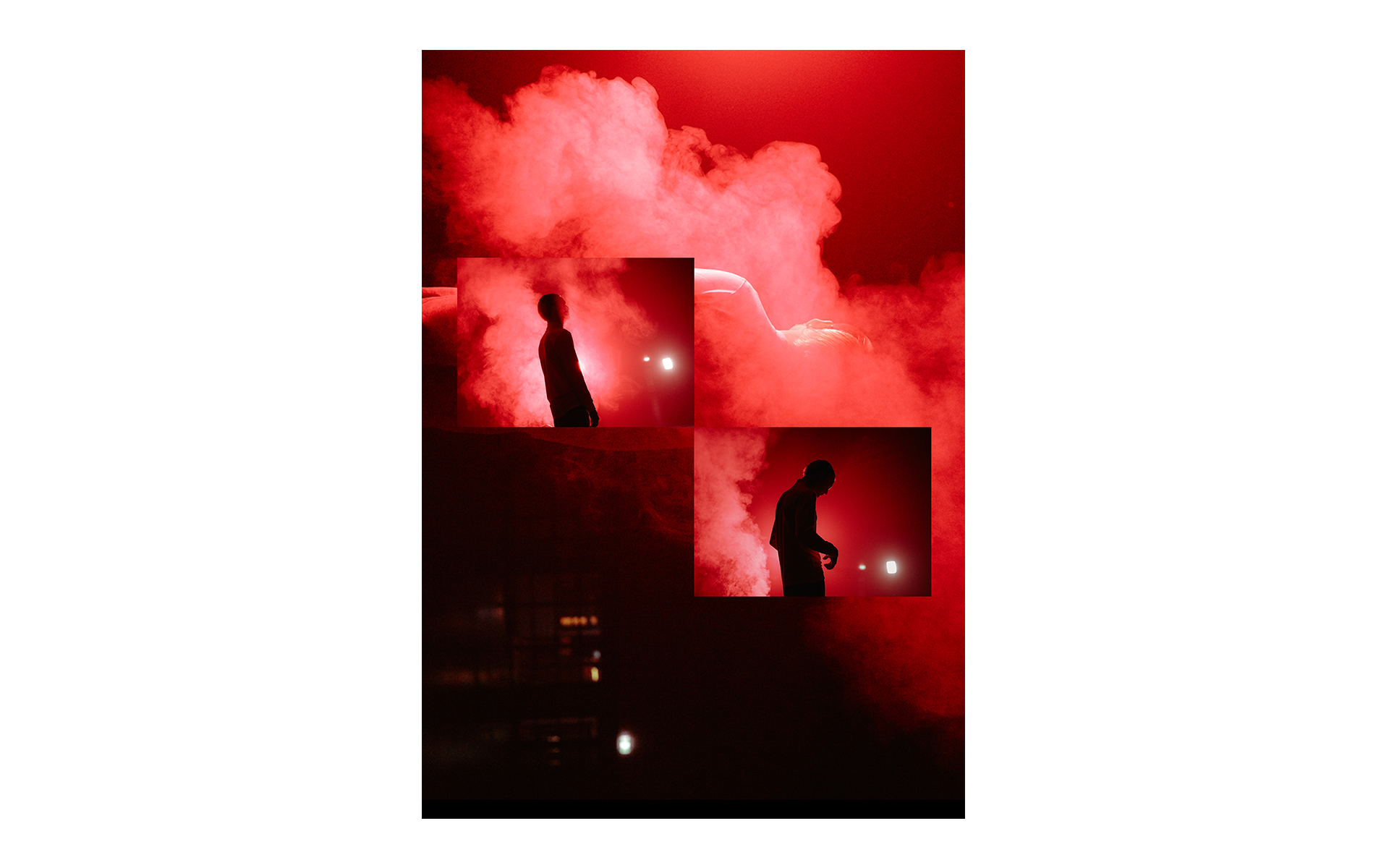 Silhouetted figures stand amidst red smoke and dynamic lighting, creating a surreal and artistic abstract composition with a dark and moody feel.