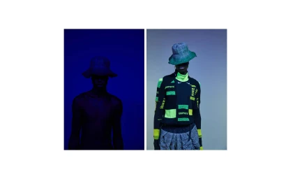Two side-by-side portrait panels featuring a person wearing a bucket hat, captured by photographer Sam Wong.