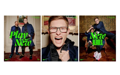 Three-panel portrait featuring two men in navy athletic apparel and sneakers posing in an ornate room, shot by Sam Wong.