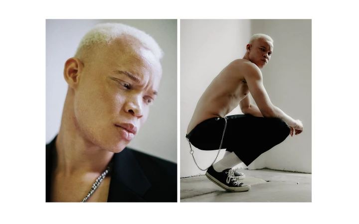 Diptyque portrait diptych of a shirtless man with short blonde hair squatting and wearing black trousers and sneakers against a white wall.