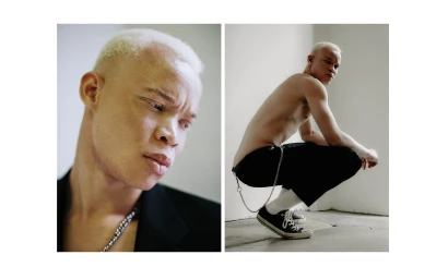 Diptyque portrait diptych of a shirtless man with short blonde hair squatting and wearing black trousers and sneakers against a white wall.