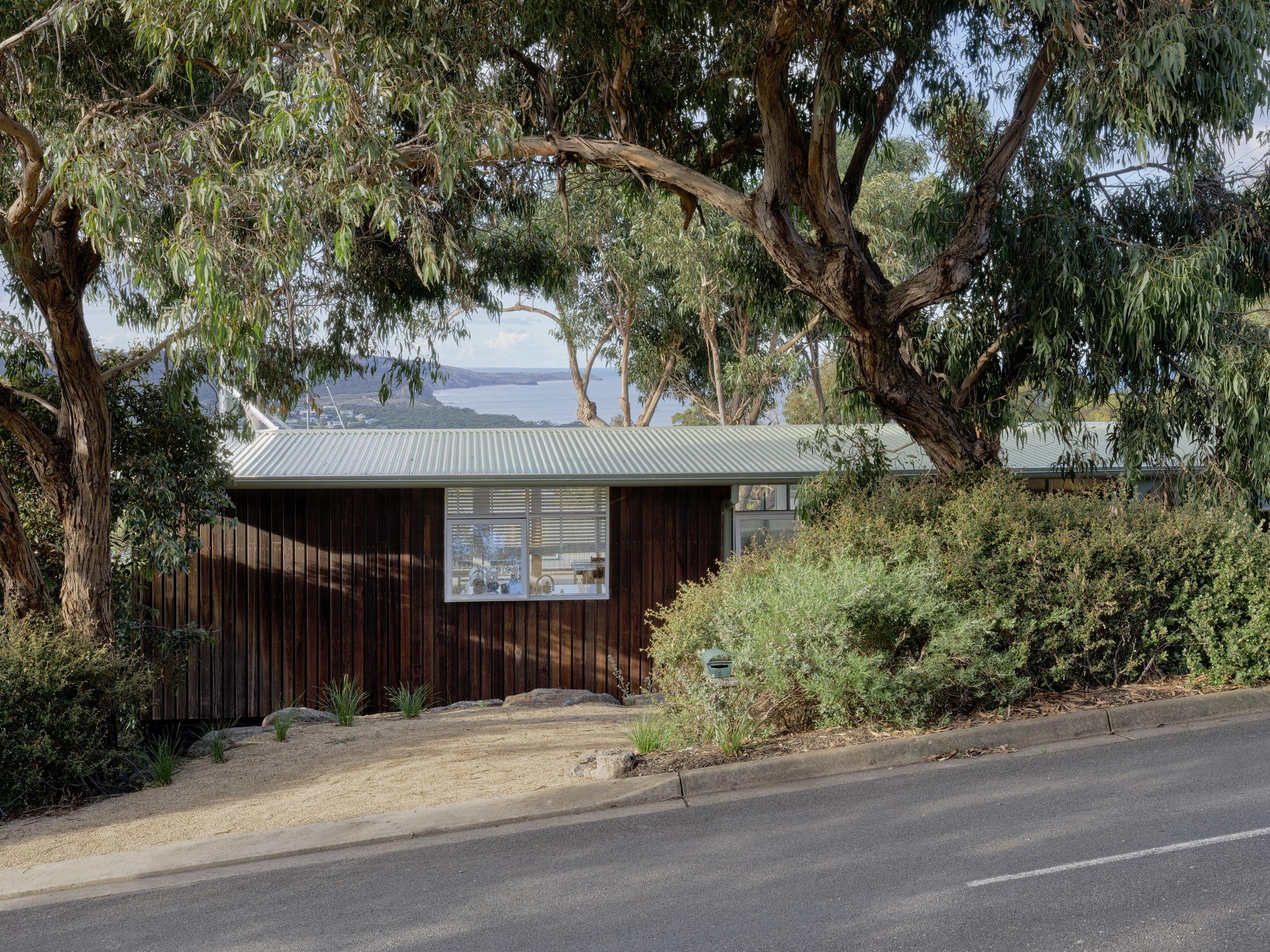 Exterior view of modern wood house with corrugated metal roof, surrounded by eucalyptus trees, native shrubs, and a hillside view.