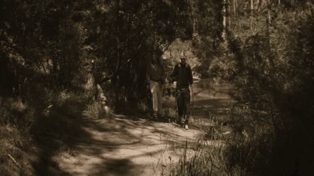 Two people hiking along a shaded forest path using trekking poles in a sepia-toned outdoor landscape.