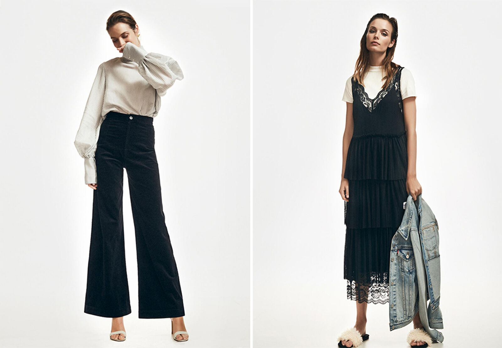 Two women model fashion garments in a studio shot. Woman on the left wears a striped blouse and black pants, while the other a black dress.