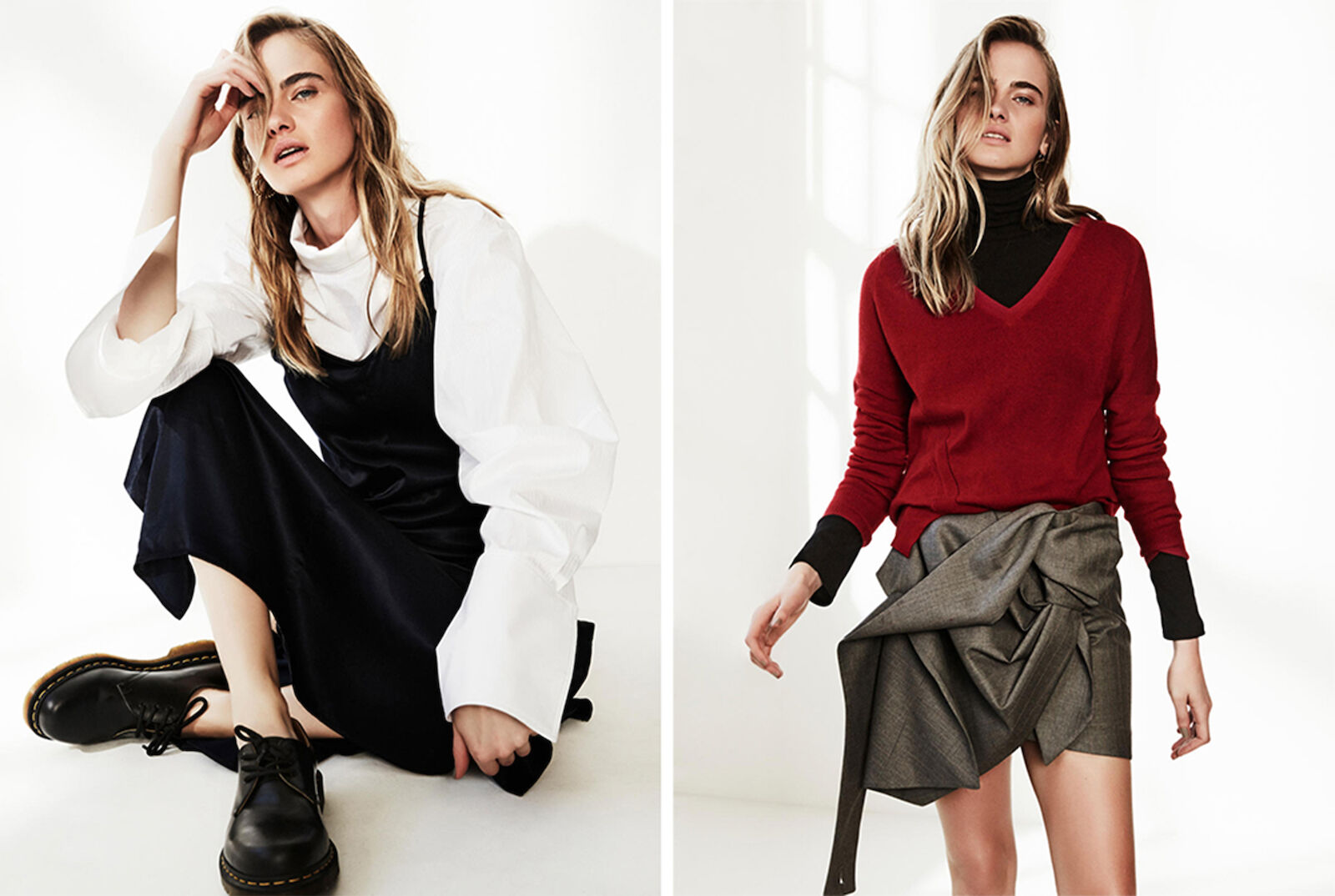 Fashionable adult woman in stylish contemporary clothing poses in a bright photo studio for a modern, editorial fashion layout with natural light.