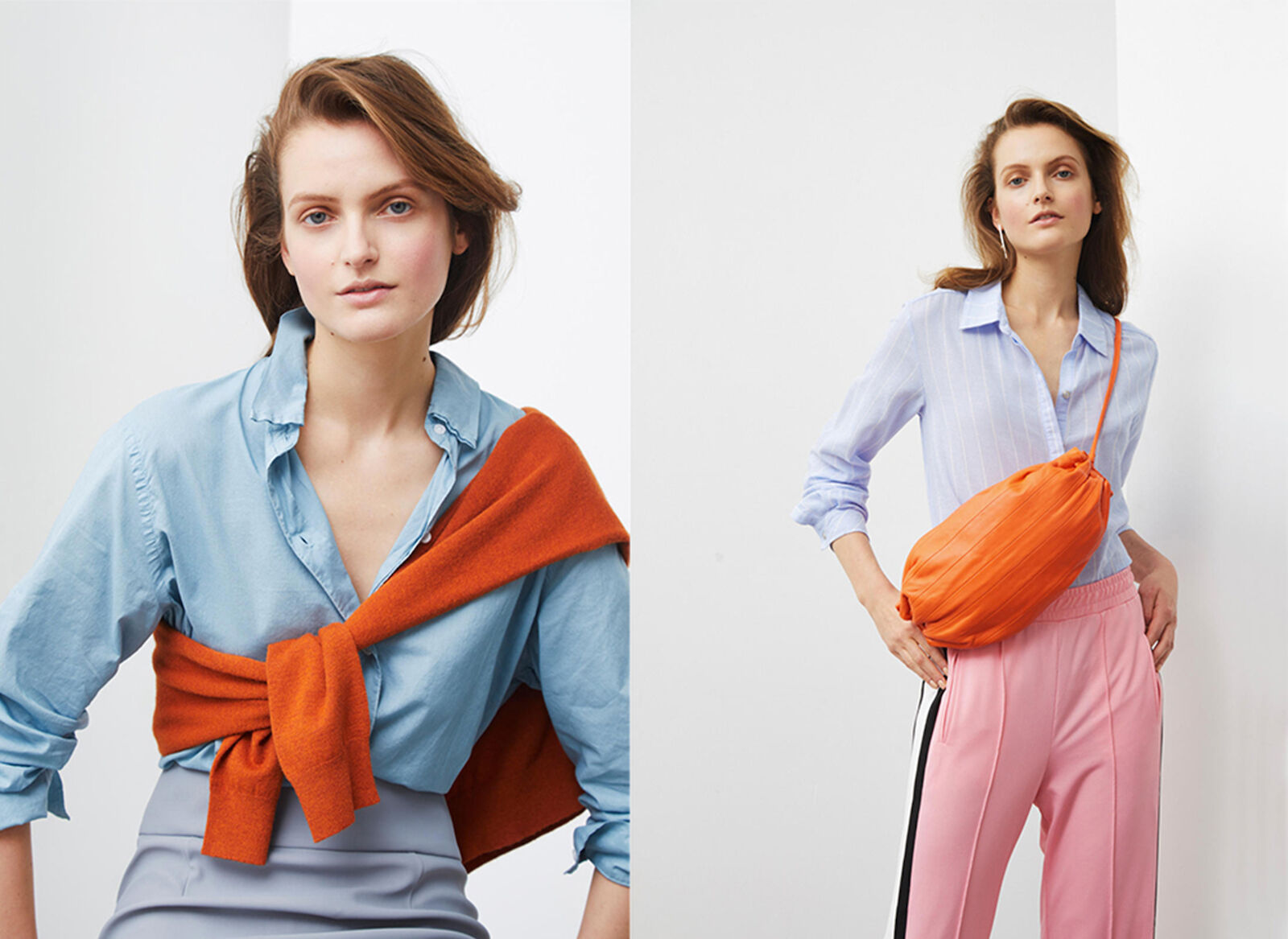 Dual-panel studio shot featuring a light-skinned woman in stylish casual wear, with orange bag and sweater, against a white backdrop.