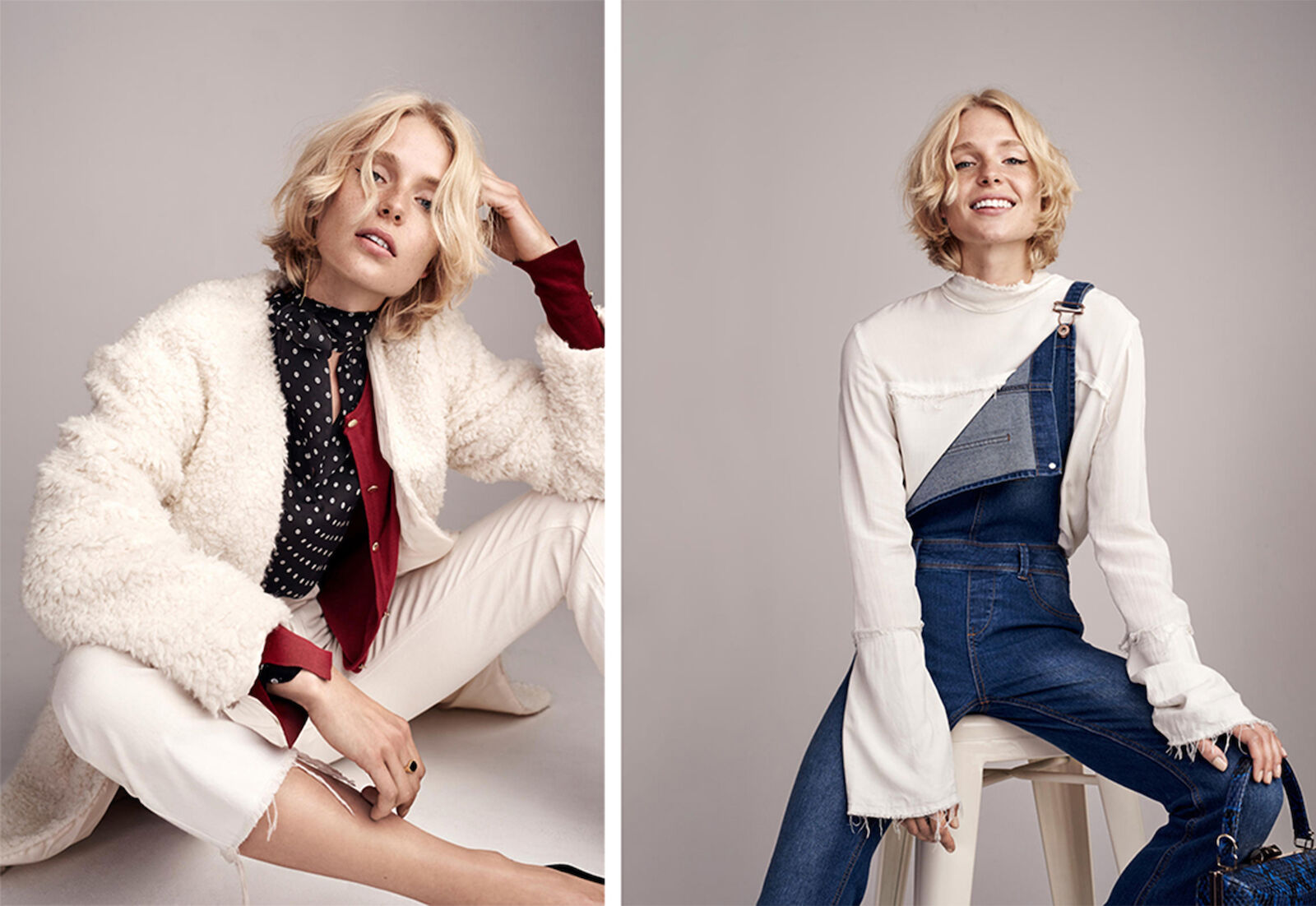 Two photos of a blond woman in studio lighting wearing casual clothing, one with a fleece jacket and white pants, one with denim overalls.