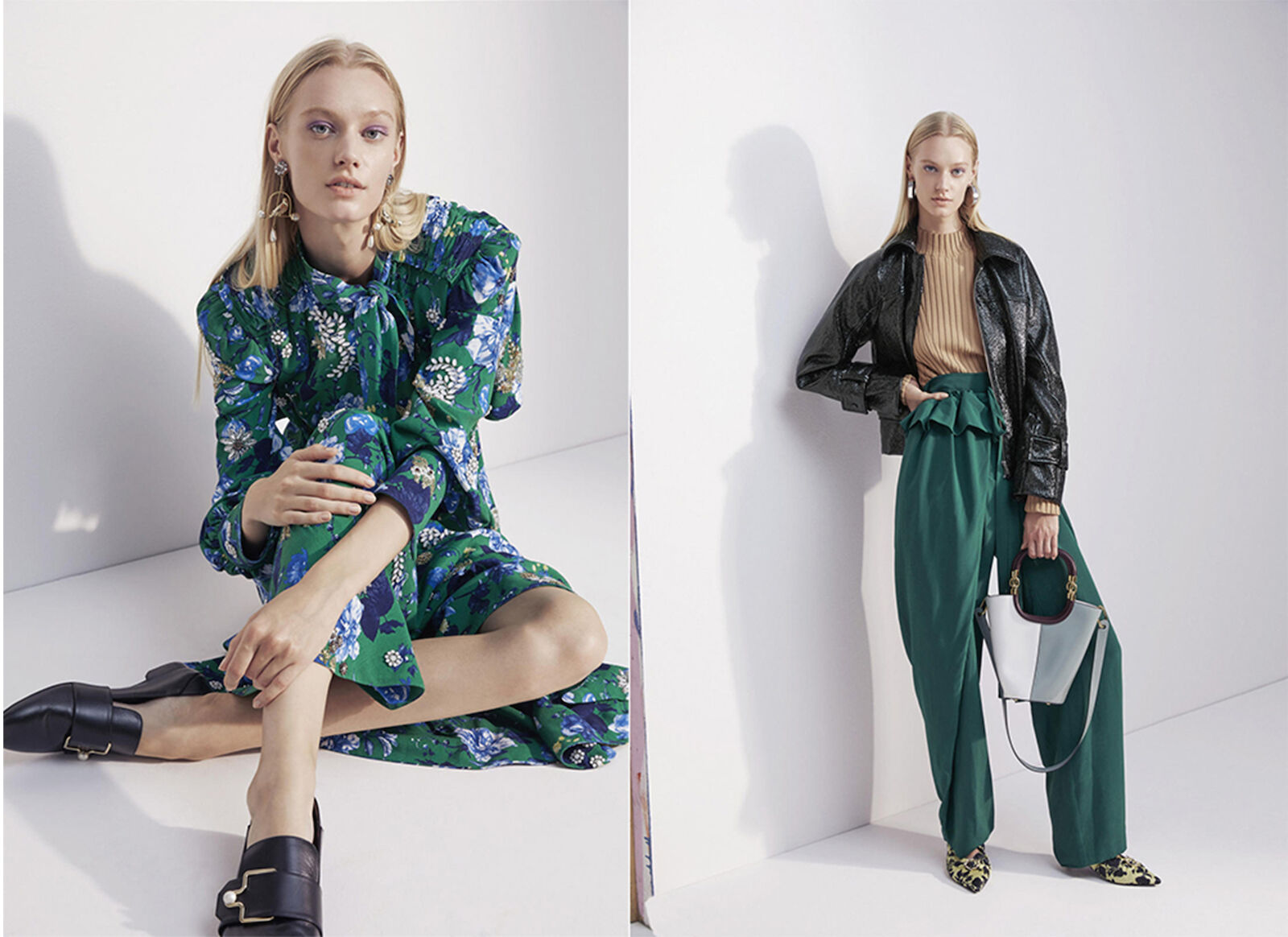 Two fashion shots on white background. Woman in floral dress sits; another in jacket & green pants stands holding a light blue bag.