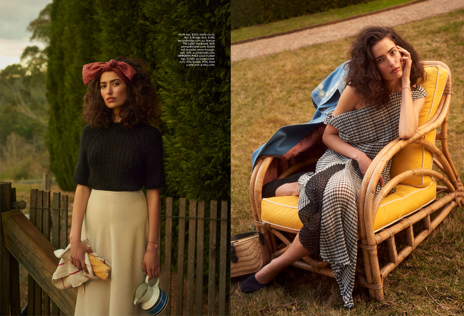 Outdoor fashion editorial featuring two brunette female models in dresses, one seated in a wicker chair, rural backdrop with green trees.