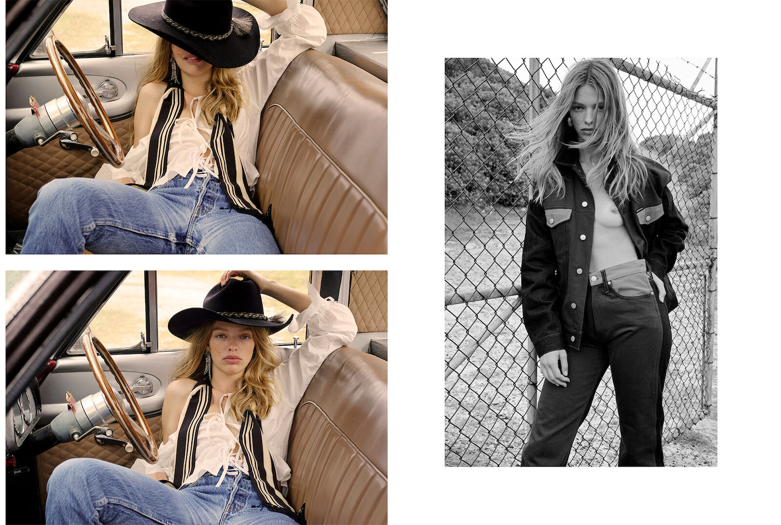 Two photos: a woman in vintage car with a cowboy hat and a monochrome woman with denim jacket. Fashion, beauty, and style emphasized.