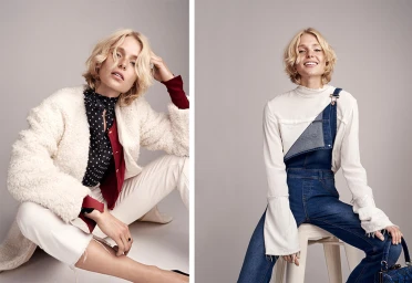 Two fashion portraits of a blonde female model styled by Tara Morris against a plain studio background.