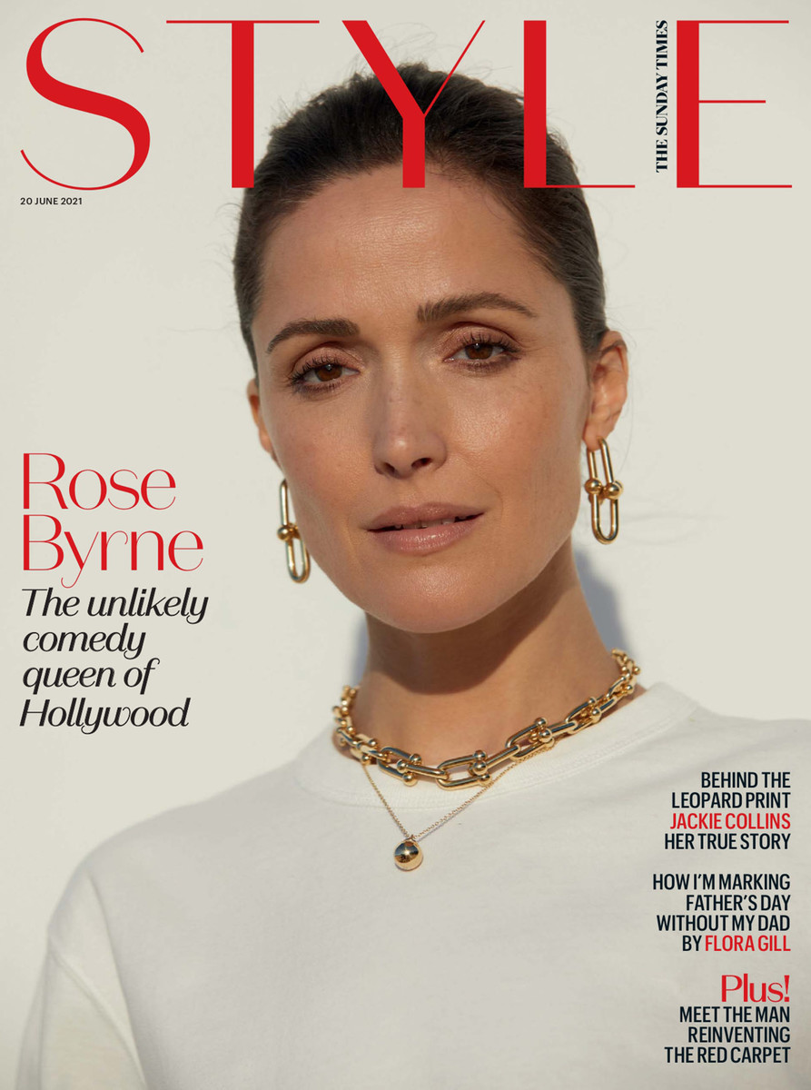Magazine cover featuring a close-up of Rose Byrne, with 'Style' and 'The Sunday Times' mastheads, gold jewelry, and cover text.