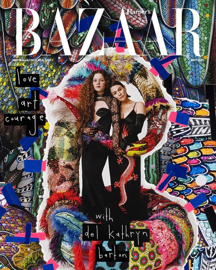 Magazine cover featuring two women in black dresses, collaged against a vibrant, mixed-media backdrop with colorful feathers and textures.