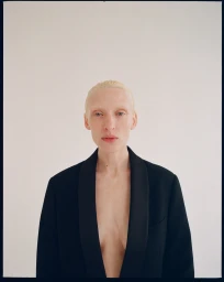 Portrait of a blonde model wearing a black blazer against a plain white background by photographer Bec Parsons.