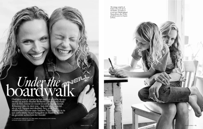 Black and white editorial double-page spread featuring Rachel Roberts embracing a young girl in Los Angeles.
