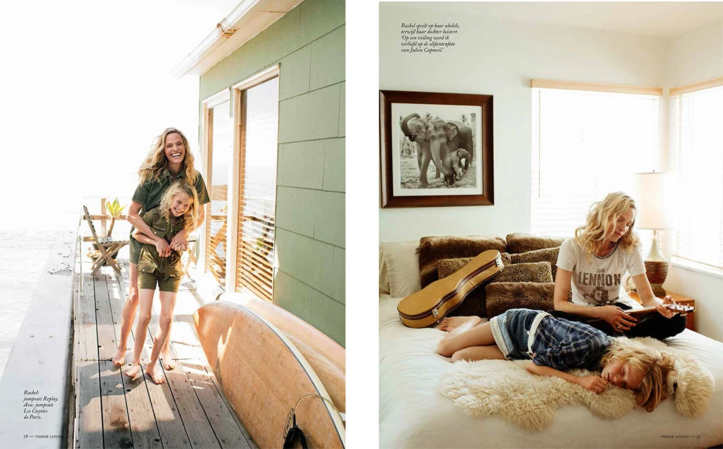 Mother and daughter pose on a deck near the ocean, while on a bed, a woman plays the ukulele as a girl sleeps.