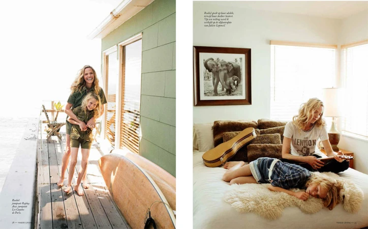 Mother and daughter pose on a deck near the ocean, while on a bed, a woman plays the ukulele as a girl sleeps.