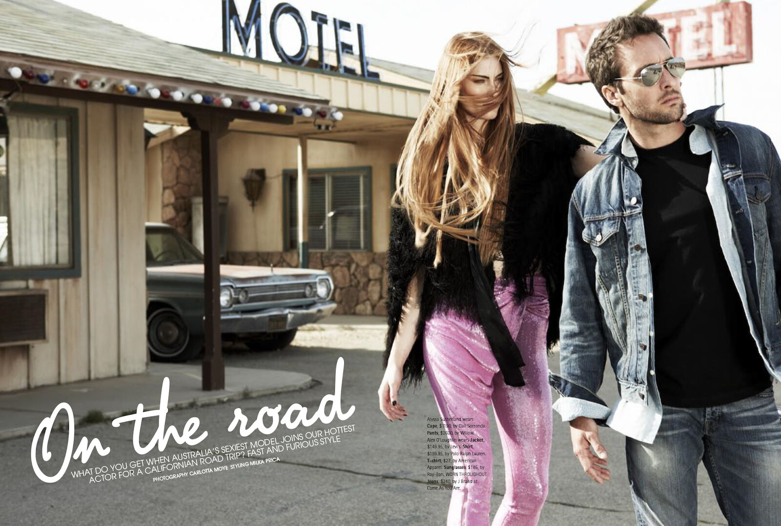 A fashion editorial with a woman and a man posing outside a retro motel in a California desert setting. The sky is clear, bright, and sunny.