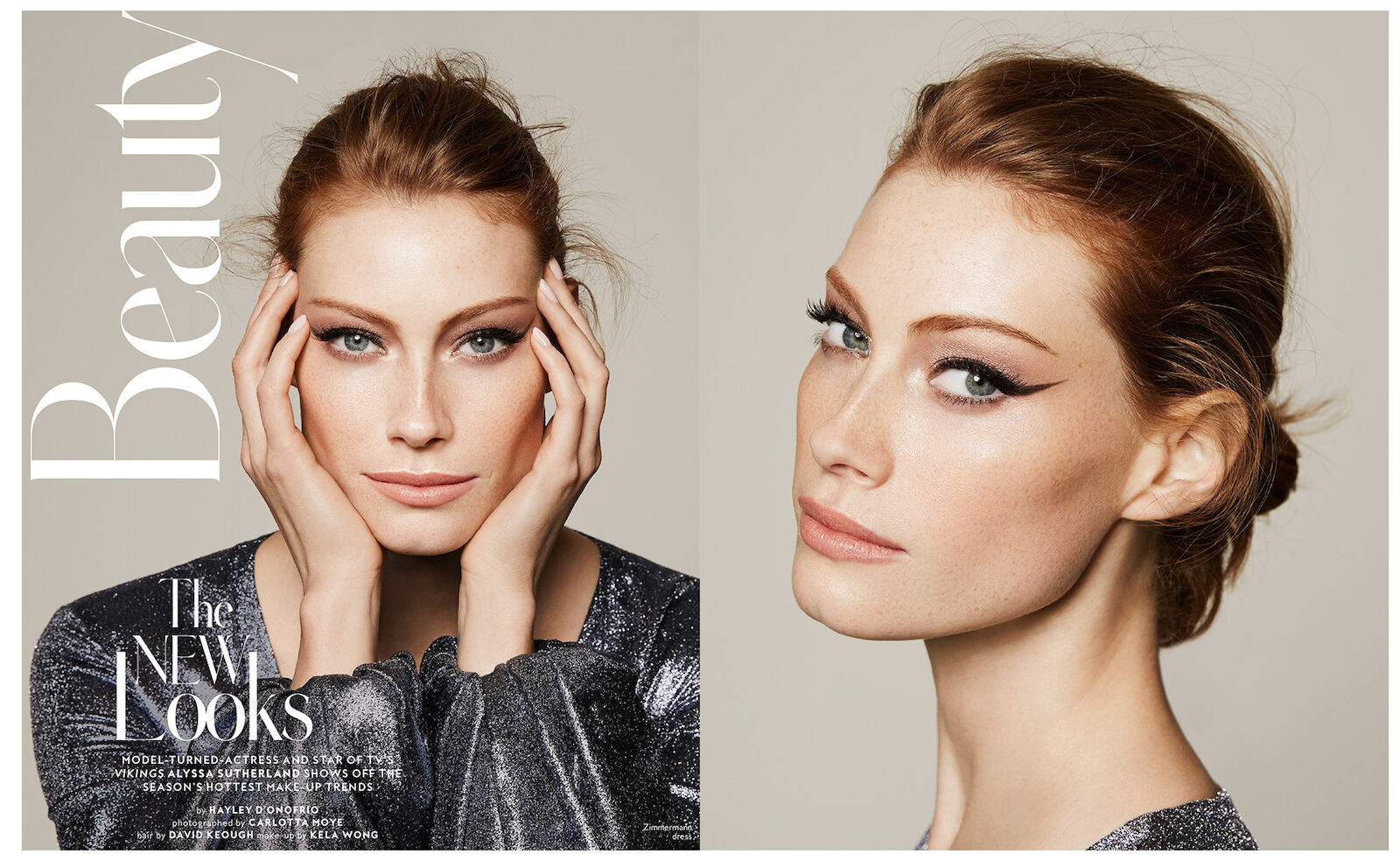 Alyssa Sutherland's beauty shot for editorial use. Close-up of red-haired adult woman with dramatic eye makeup in photo studio setting.