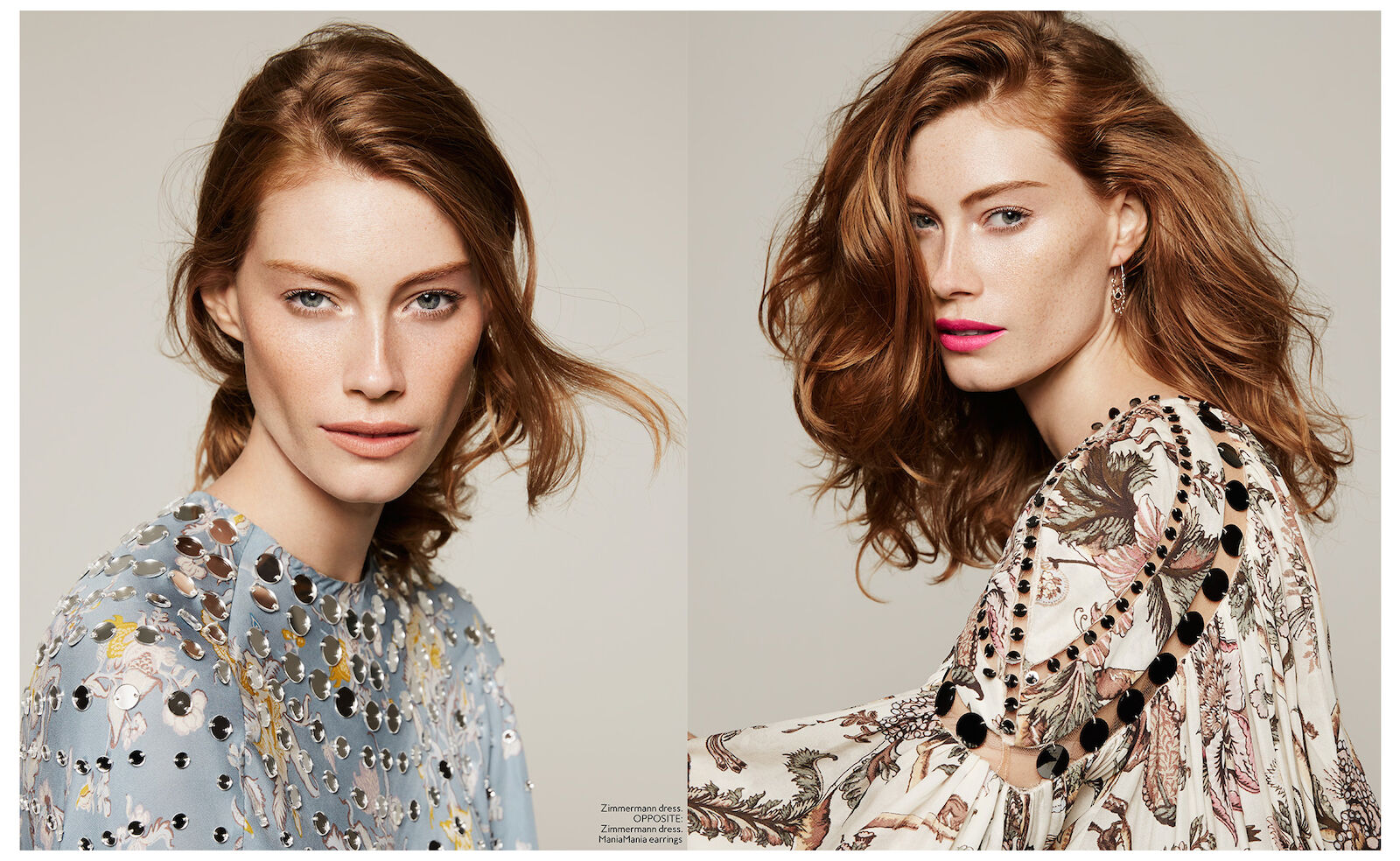 Two portraits of a red-haired woman wearing patterned dresses against a neutral background in a fashion editorial layout.
