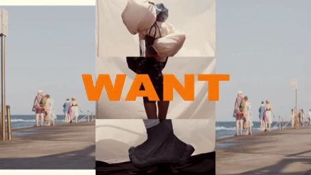 Collage style fashion image featuring bold orange typography spelling WANT layered over a coastal scene and a studio portrait
