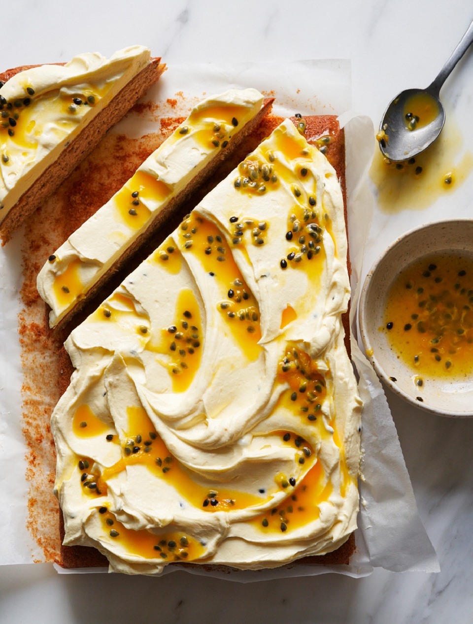 Overhead view of a rectangular cake with white frosting and passion fruit topping, with a slice cut out, on a white surface.
