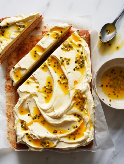 Overhead view of a rectangular cake with white frosting and passion fruit topping, with a slice cut out, on a white surface.