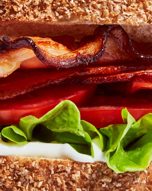 Close-up of a bacon, lettuce, and tomato (BLT) sandwich featuring crispy bacon, fresh lettuce, ripe tomatoes, and multigrain bread.