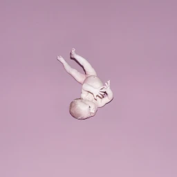 An infant baby positioned diagonally against a solid muted pink studio background, captured from an overhead perspective.