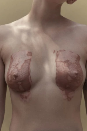 Artistic studio shot of a fair-skinned adult female torso with skin-tone body paint covering the breasts against a neutral background.