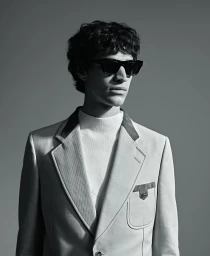 Man wearing dark sunglasses and a structured blazer over a white turtleneck against a grey background