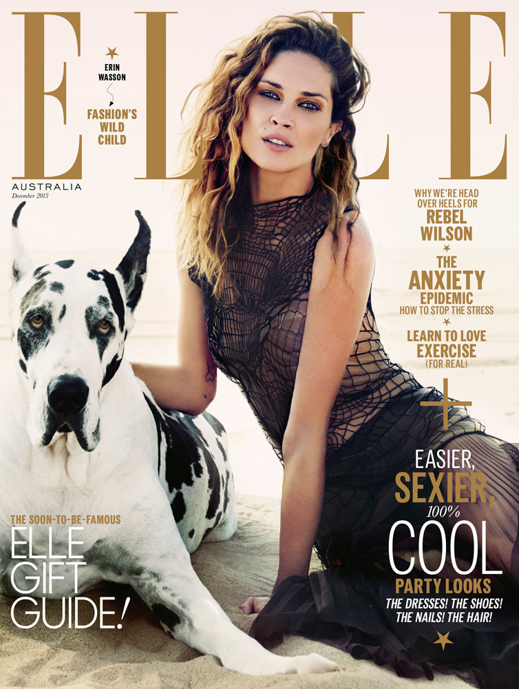 Elle Australia magazine cover featuring Erin Wasson with a Great Dane dog, October 2017 issue, promoting fashion and lifestyle.