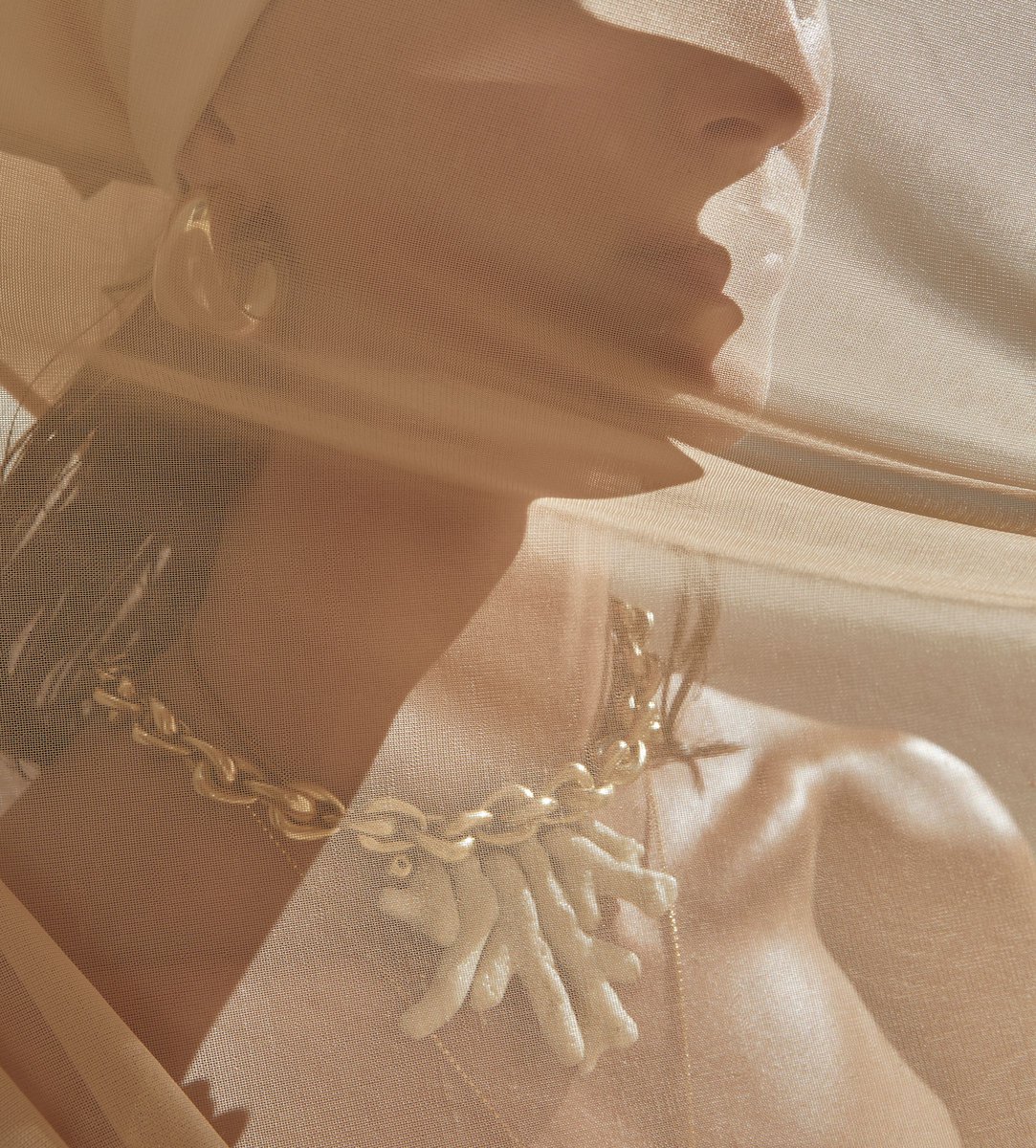 Close-up studio shot of an adult female partially veiled, wearing a headscarf and gold chain-link necklace with coral pendant.