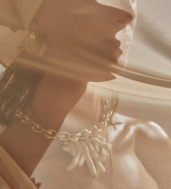 Close-up studio shot of an adult female partially veiled, wearing a headscarf and gold chain-link necklace with coral pendant.
