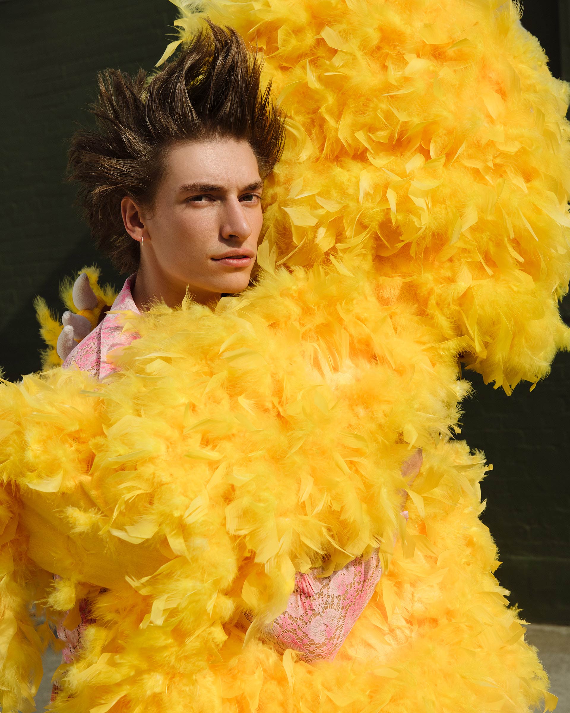 A portrait of an adult male with spiky brown hair in a pink shirt, partially obscured by a large yellow feather boa.