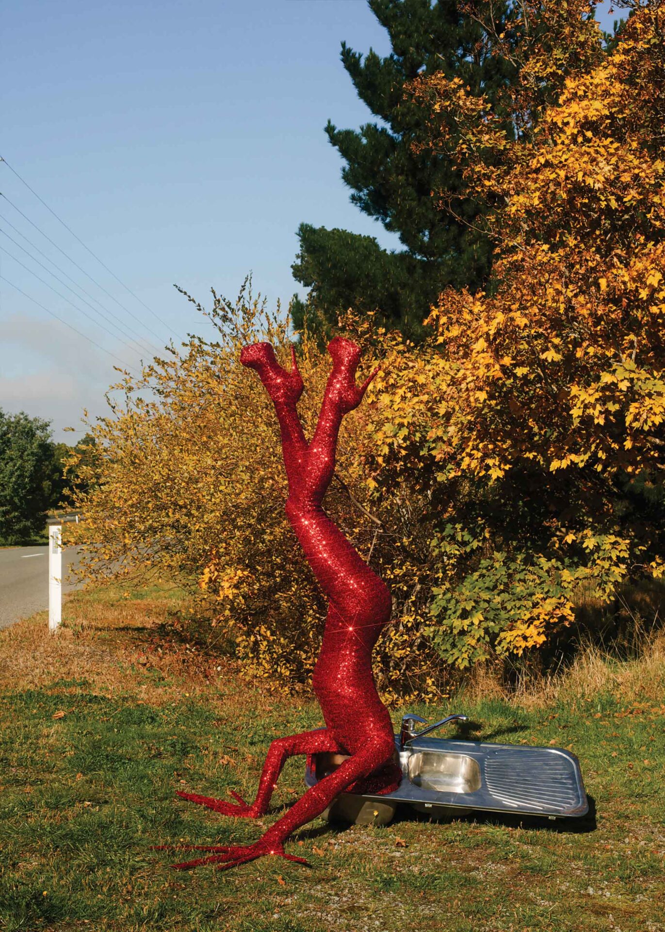 Red-suited figure strikes a headstand yoga pose on a patch of grass next to a metal wash basin, with a fall-foliage tree in the background.