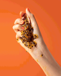 Close-up of a hand squeezing a passion fruit, with seeds and pulp visible against a bright orange background.