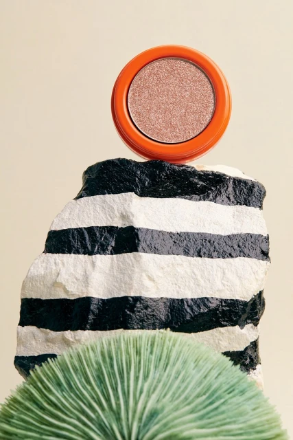 Close-up of orange eyeshadow palette balanced on a black and white striped rock with a textured green plant in the foreground.