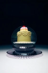 Close-up studio shot of a small, frosted cake with a cherry on top, sitting on stacked glass plates against a dark background.