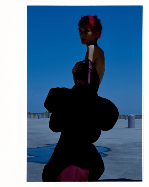 A tall adult female model with magenta hair poses on a rooftop wearing an all-black dress against a blue sky backdrop.