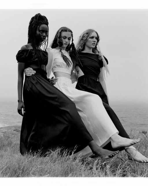 Three women in black and white dresses stand together on a grassy hill against a cloudy sky and ocean backdrop.