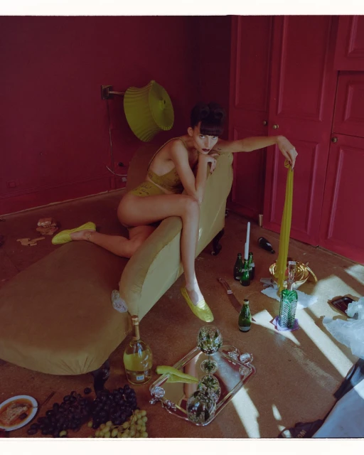 Woman poses in a gold bodysuit, sitting on a chaise lounge surrounded by grapes, green bottles, and a silver tray indoors.